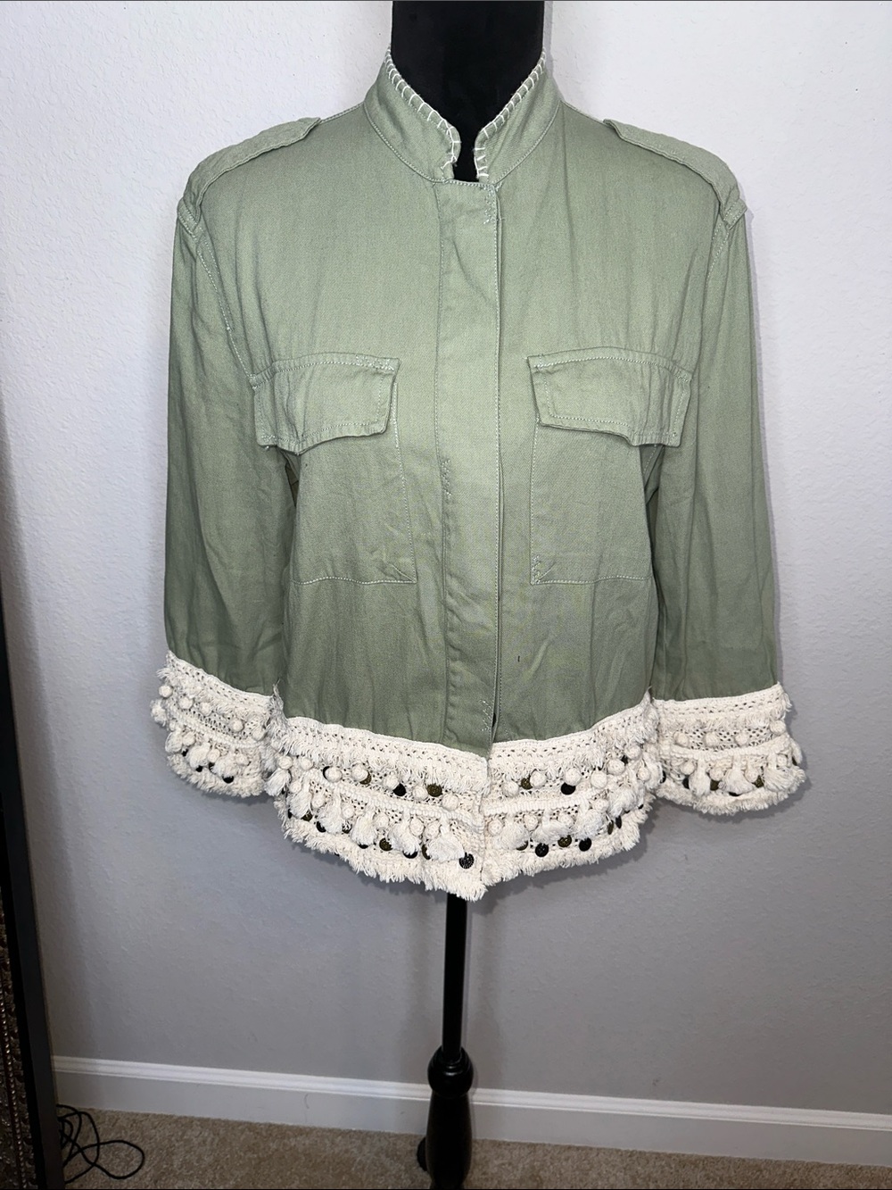 Zara Olive Green Utility Jacket with Cream Crochet Pom Trim